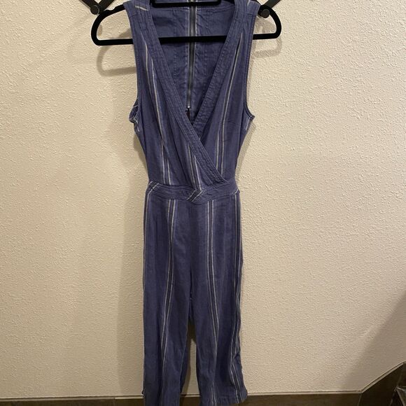 Free People Jumpsuit Jumper Womens 6 Linen Blue Striped Open Back Moonlight Mile - Picture 2 of 11